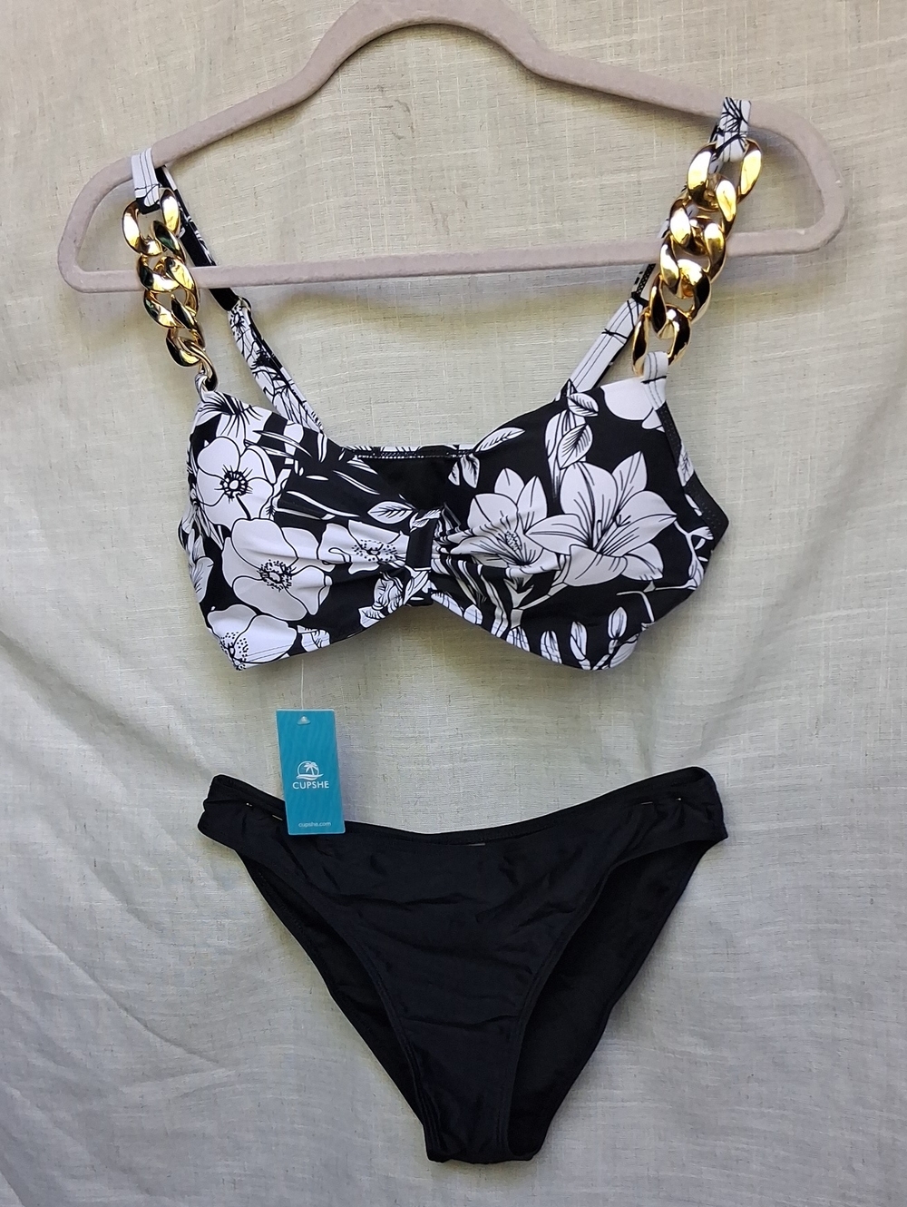 Cupshe Black & White Floral Bikini Set with Gold Chain Straps S